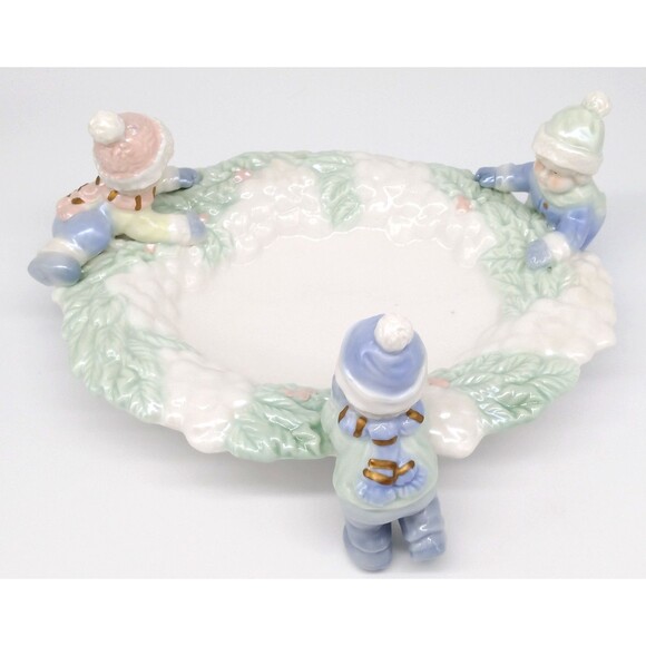 Holiday Ceramic Candy Dish with Winter Children Figurines Snow Cracker Barrel - Picture 9 of 17